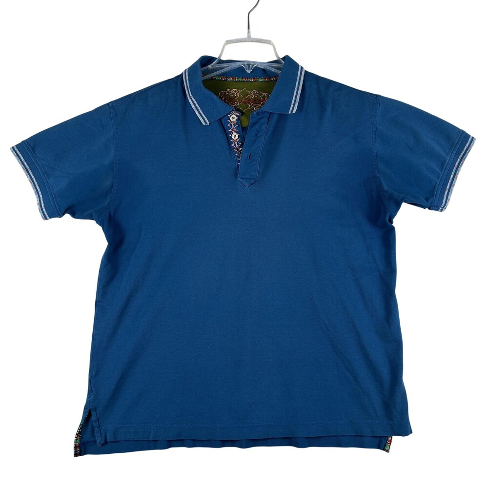 Robert Graham Polo Shirt Mens Medium Blue Solid 100% Cotton Embroidered Trim